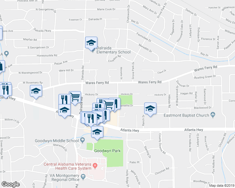 map of restaurants, bars, coffee shops, grocery stores, and more near 4099 Hickory Drive in Montgomery