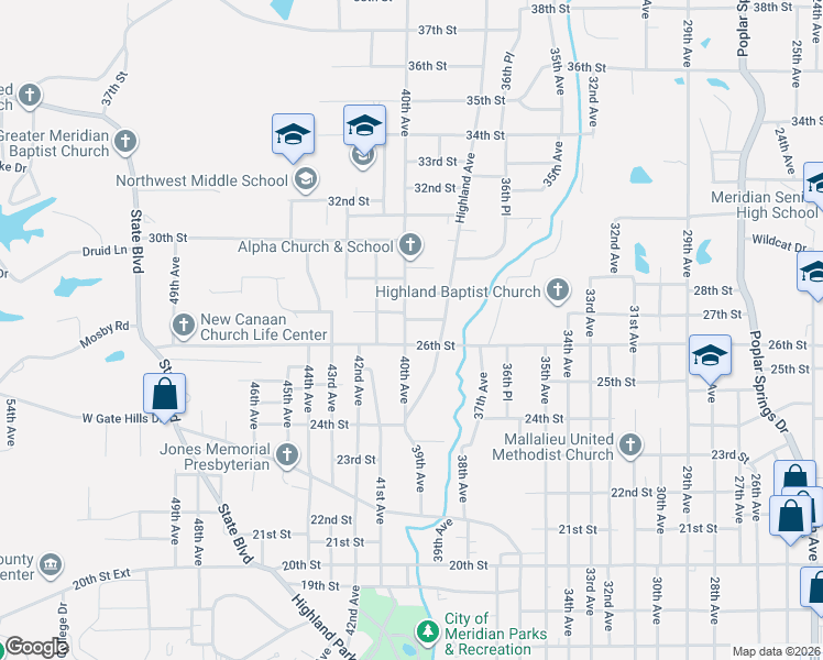map of restaurants, bars, coffee shops, grocery stores, and more near 2703 40th Avenue in Meridian