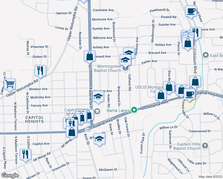map of restaurants, bars, coffee shops, grocery stores, and more near 106 Arden Road in Montgomery