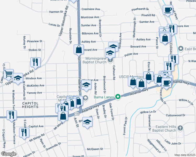 map of restaurants, bars, coffee shops, grocery stores, and more near 106 Arden Road in Montgomery