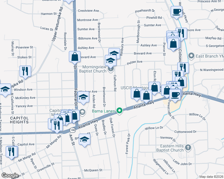 map of restaurants, bars, coffee shops, grocery stores, and more near 106 Brantwood Drive in Montgomery