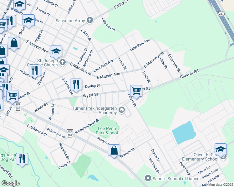 map of restaurants, bars, coffee shops, grocery stores, and more near 1105 Wyatt Street in Waxahachie