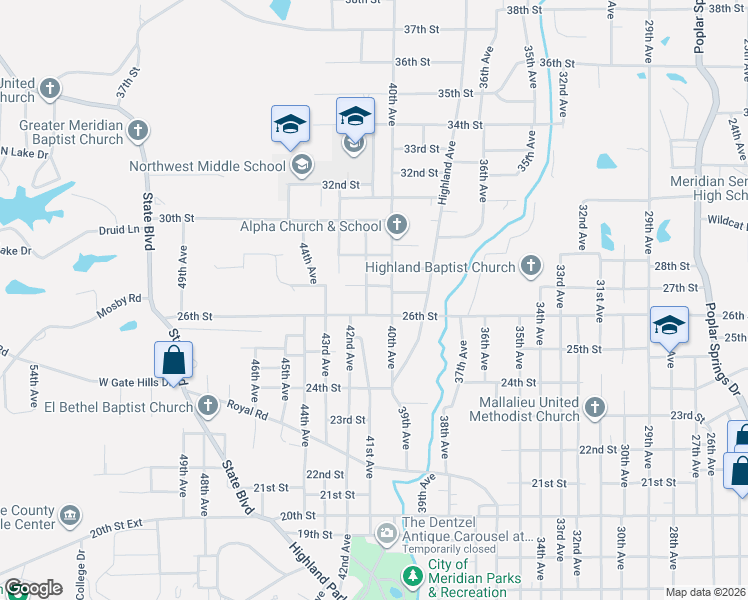 map of restaurants, bars, coffee shops, grocery stores, and more near 2703 40th Avenue in Meridian