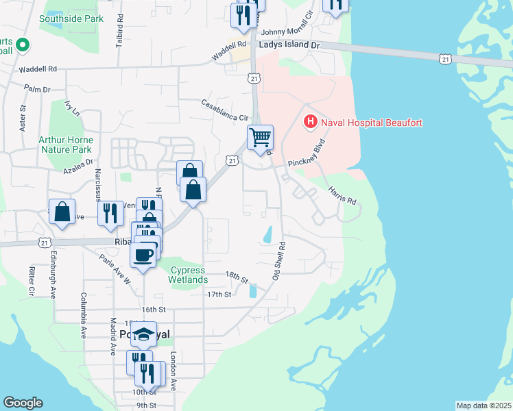 map of restaurants, bars, coffee shops, grocery stores, and more near 2 Stuart Towne Lane in Port Royal