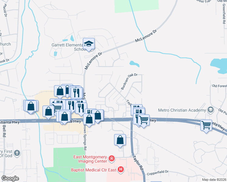 map of restaurants, bars, coffee shops, grocery stores, and more near 6896 Brownwood Lane in Montgomery