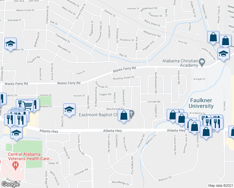 map of restaurants, bars, coffee shops, grocery stores, and more near 259 Kiefer Drive in Montgomery