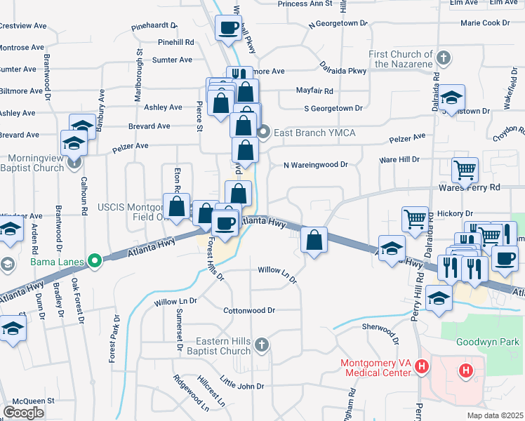 map of restaurants, bars, coffee shops, grocery stores, and more near 105 West Wareingwood Drive in Montgomery