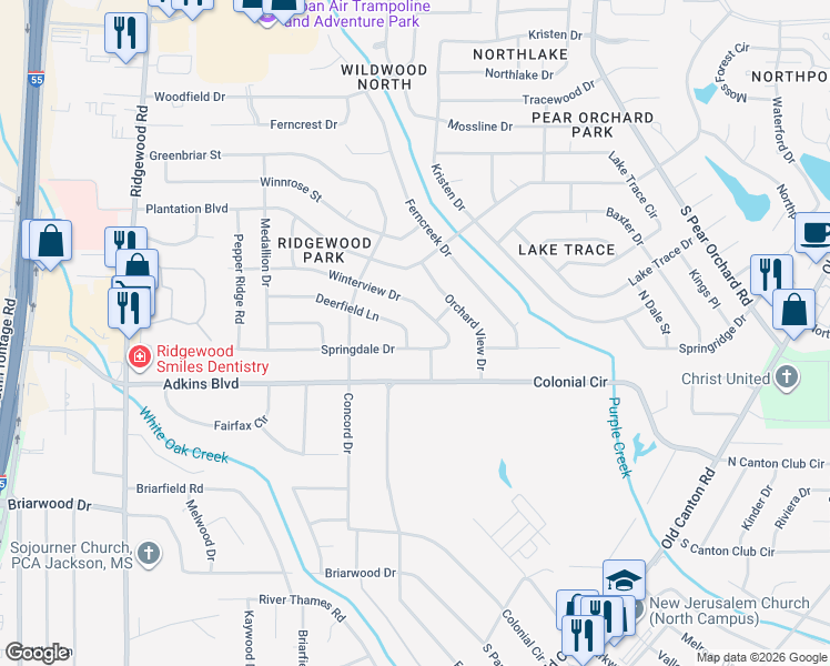 map of restaurants, bars, coffee shops, grocery stores, and more near 1365 Winterview Drive in Jackson