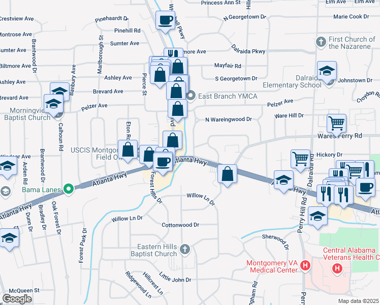 map of restaurants, bars, coffee shops, grocery stores, and more near 1 West Wareingwood Drive in Montgomery