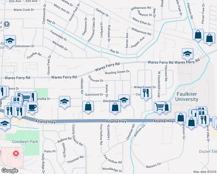 map of restaurants, bars, coffee shops, grocery stores, and more near 259 Kiefer Drive in Montgomery