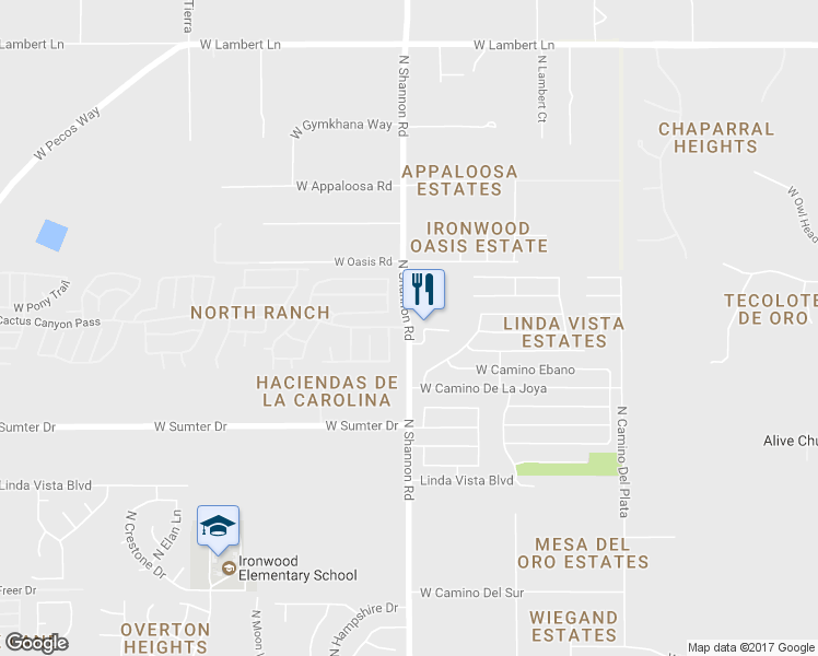 map of restaurants, bars, coffee shops, grocery stores, and more near North Shannon Road in Tucson