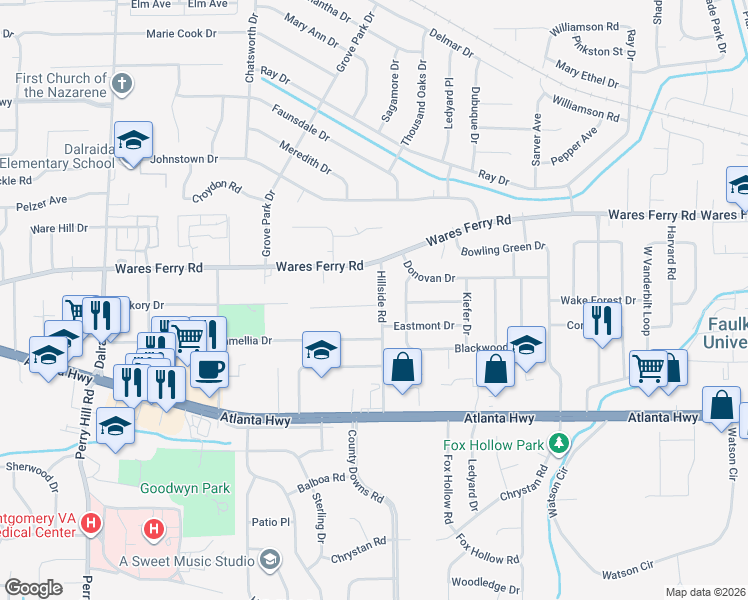 map of restaurants, bars, coffee shops, grocery stores, and more near 318 Hillside Road in Montgomery