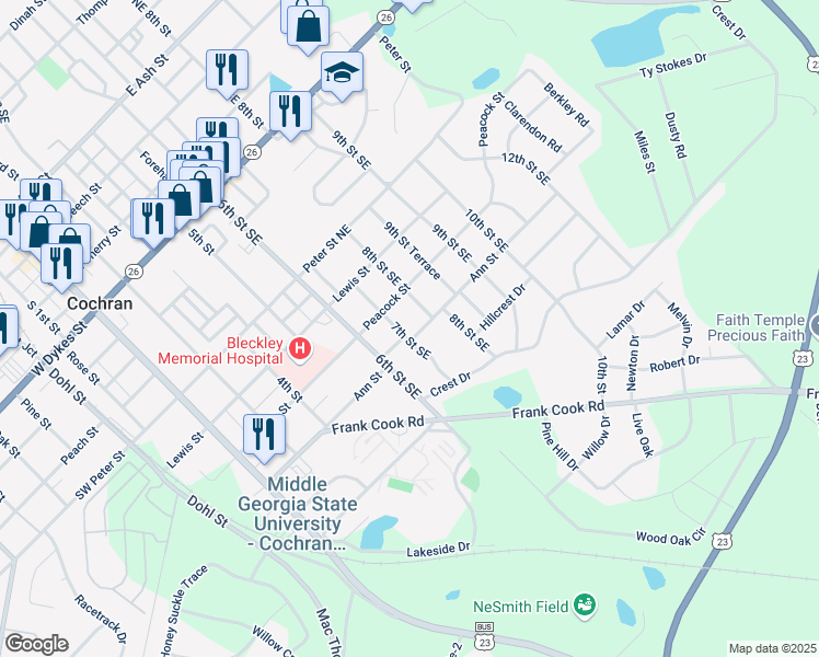 map of restaurants, bars, coffee shops, grocery stores, and more near 121 7th Street Southeast in Cochran