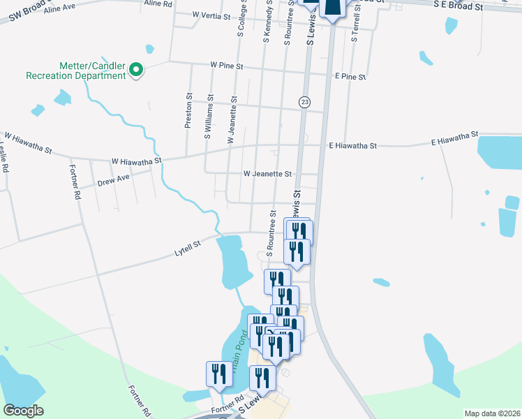 map of restaurants, bars, coffee shops, grocery stores, and more near 645 South Kennedy Street in Metter