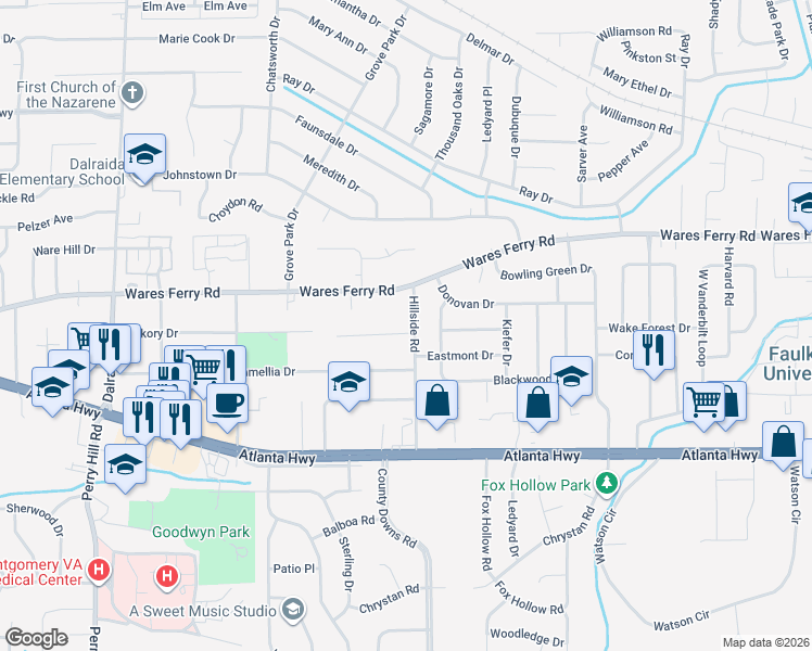 map of restaurants, bars, coffee shops, grocery stores, and more near 318 Hillside Road in Montgomery