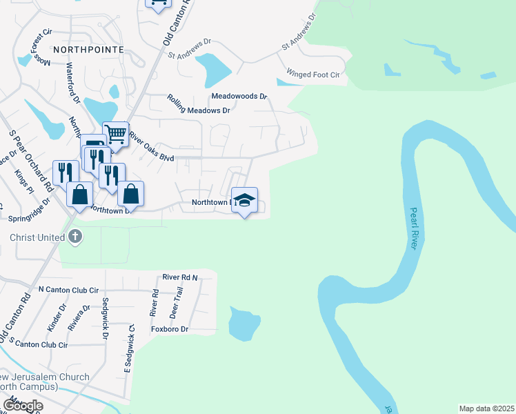 map of restaurants, bars, coffee shops, grocery stores, and more near 51 Northtown Drive in Jackson