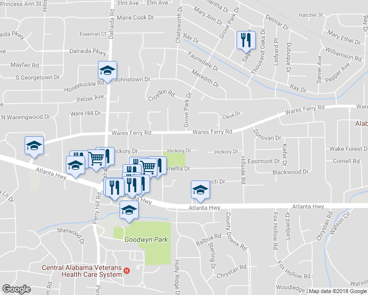 map of restaurants, bars, coffee shops, grocery stores, and more near 4171 Hickory Drive in Montgomery