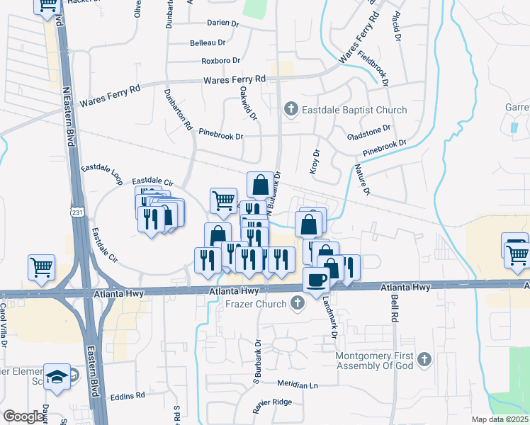 map of restaurants, bars, coffee shops, grocery stores, and more near 379 North Burbank Drive in Montgomery