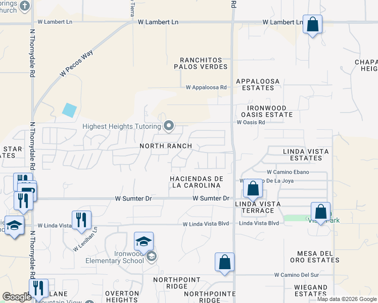 map of restaurants, bars, coffee shops, grocery stores, and more near 9907 North Meadow Ranch Place in Tucson