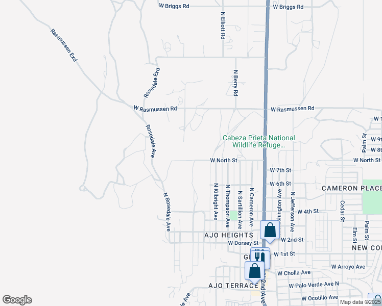 map of restaurants, bars, coffee shops, grocery stores, and more near 1580 West North Street in Ajo