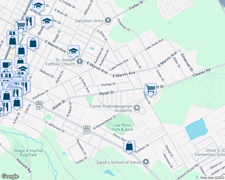 map of restaurants, bars, coffee shops, grocery stores, and more near 803 Wyatt Street in Waxahachie