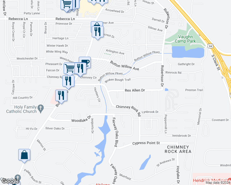 map of restaurants, bars, coffee shops, grocery stores, and more near 5202 Pebblebrook Court in Abilene