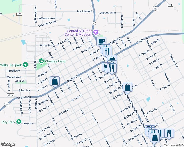 map of restaurants, bars, coffee shops, grocery stores, and more near 400 West 9th Street in Cisco