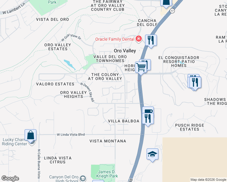 map of restaurants, bars, coffee shops, grocery stores, and more near 110 East Horizon Circle in Tucson