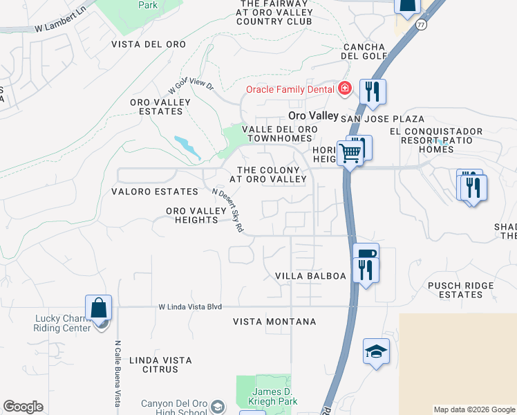 map of restaurants, bars, coffee shops, grocery stores, and more near 75 East Horizon Circle in Tucson