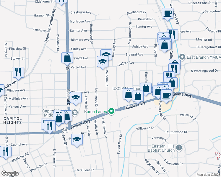 map of restaurants, bars, coffee shops, grocery stores, and more near 106 Calhoun Rd in Montgomery