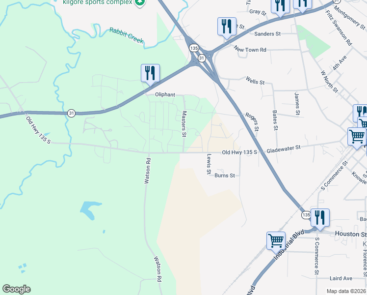 map of restaurants, bars, coffee shops, grocery stores, and more near 240 Circle Drive in Kilgore