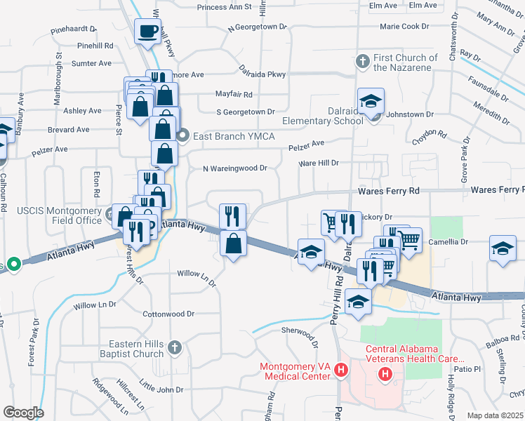 map of restaurants, bars, coffee shops, grocery stores, and more near 3760 Wares Ferry Road in Montgomery