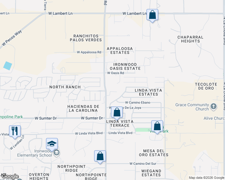 map of restaurants, bars, coffee shops, grocery stores, and more near 2836 West Ribera Place in Tucson