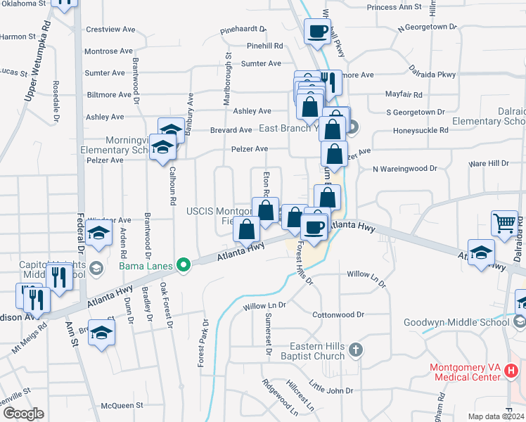 map of restaurants, bars, coffee shops, grocery stores, and more near 100 Salem Drive in Montgomery