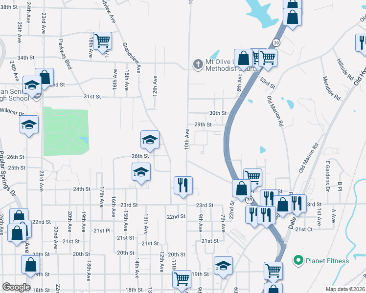 map of restaurants, bars, coffee shops, grocery stores, and more near 2627 10th Avenue in Meridian