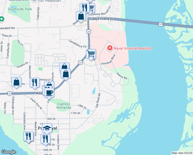map of restaurants, bars, coffee shops, grocery stores, and more near 2 Stuart Towne Lane in Port Royal