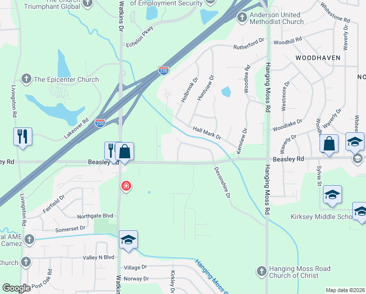 map of restaurants, bars, coffee shops, grocery stores, and more near 1067 Devonshire Drive in Jackson