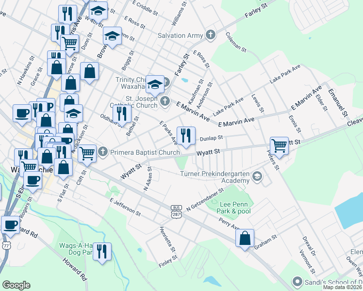 map of restaurants, bars, coffee shops, grocery stores, and more near 613 East Parks Avenue in Waxahachie