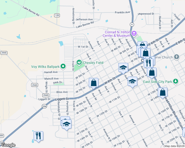 map of restaurants, bars, coffee shops, grocery stores, and more near 800 West 6th Street in Cisco