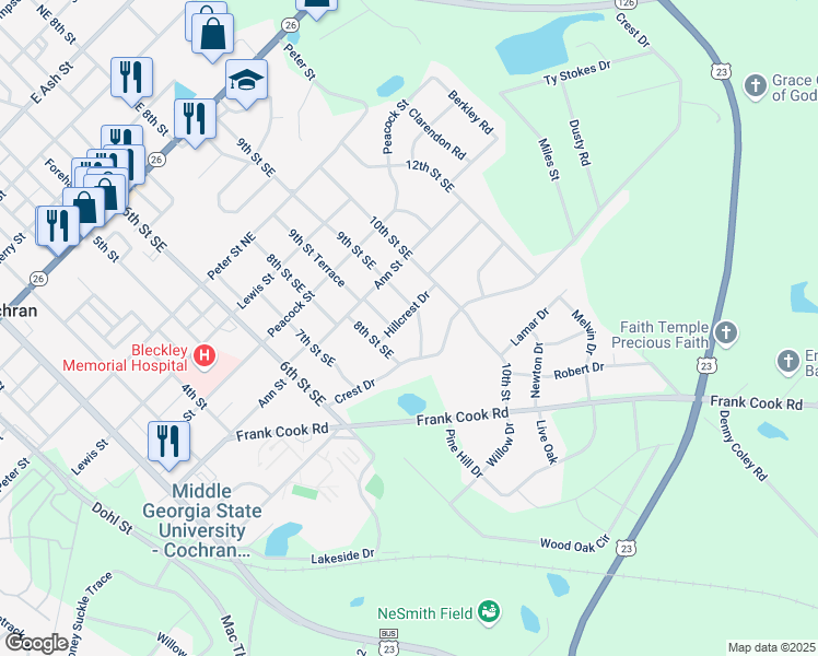 map of restaurants, bars, coffee shops, grocery stores, and more near 228 9th Street Southeast in Cochran