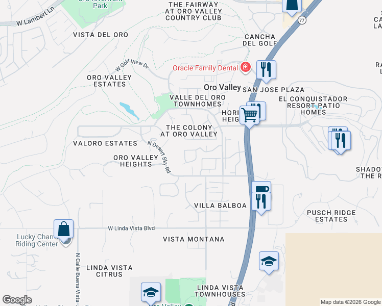 map of restaurants, bars, coffee shops, grocery stores, and more near 92 East Horizon Circle in Tucson