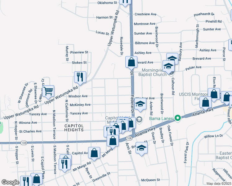 map of restaurants, bars, coffee shops, grocery stores, and more near 505 North Panama Street in Montgomery