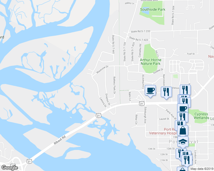 map of restaurants, bars, coffee shops, grocery stores, and more near 1804 Drayton Drive in Port Royal
