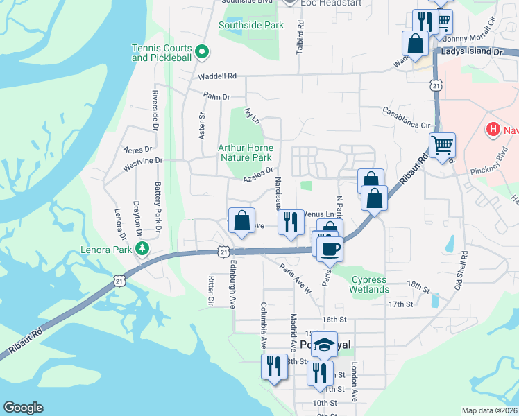 map of restaurants, bars, coffee shops, grocery stores, and more near 2612 Rosemont Avenue in Port Royal