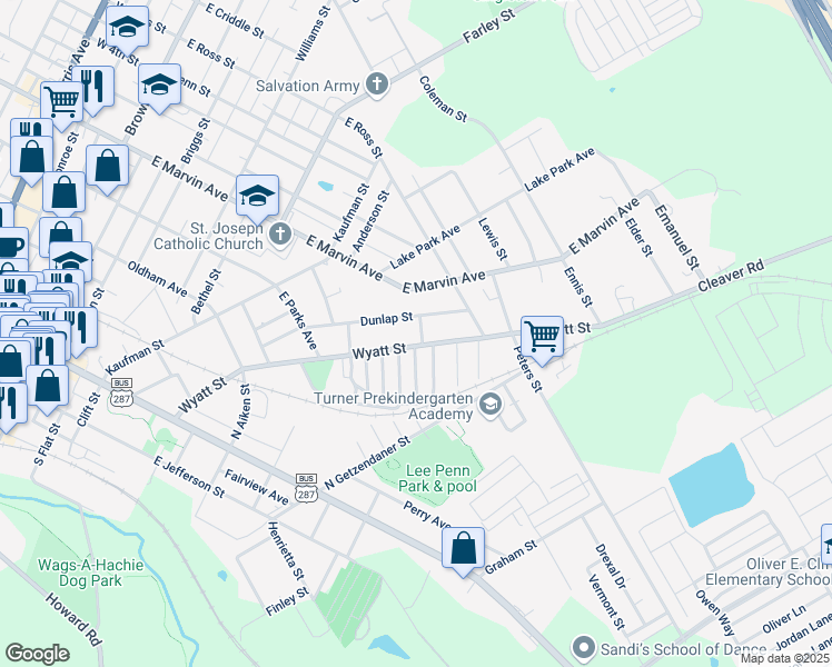 map of restaurants, bars, coffee shops, grocery stores, and more near 100 Henderson Street in Waxahachie