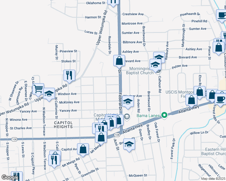 map of restaurants, bars, coffee shops, grocery stores, and more near 2323 Windsor Avenue in Montgomery