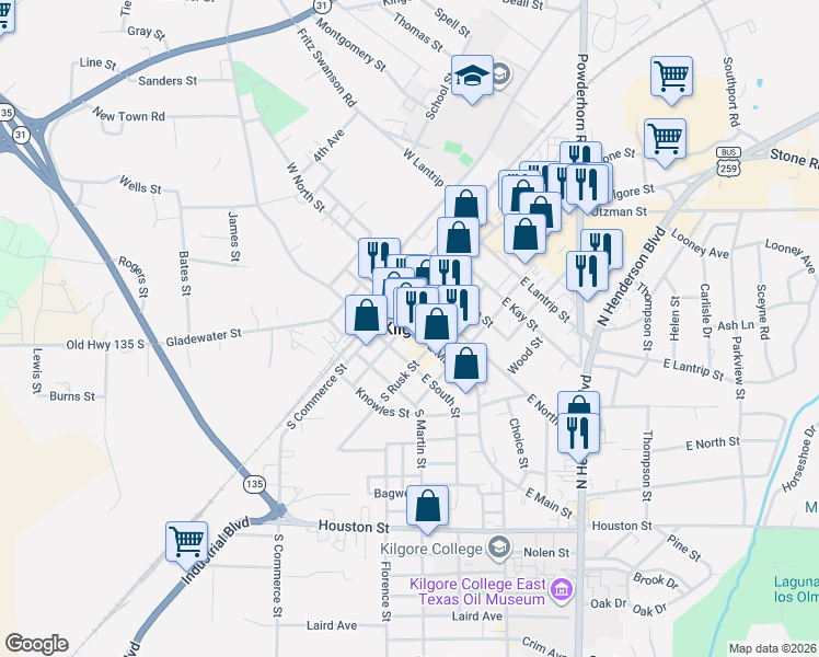 map of restaurants, bars, coffee shops, grocery stores, and more near in Kilgore