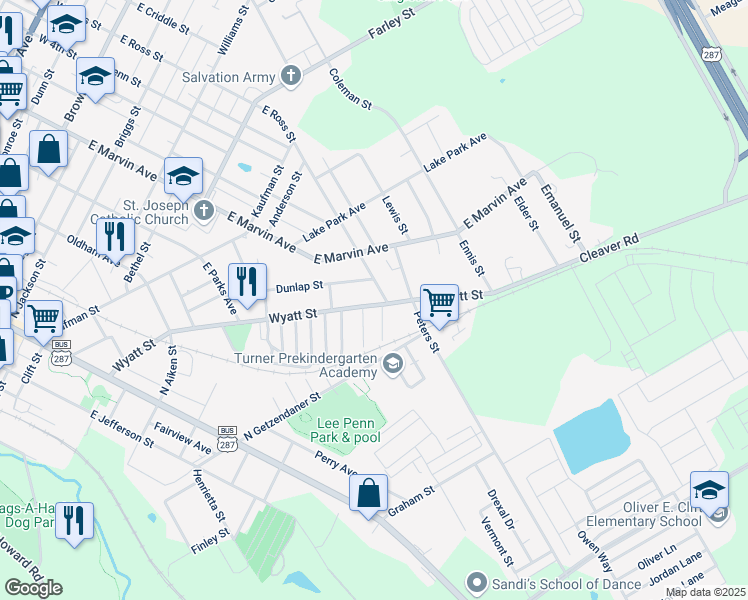 map of restaurants, bars, coffee shops, grocery stores, and more near 1105 Wyatt Street in Waxahachie