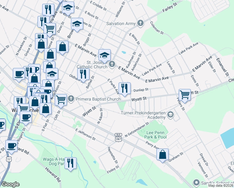 map of restaurants, bars, coffee shops, grocery stores, and more near 613 East Parks Avenue in Waxahachie