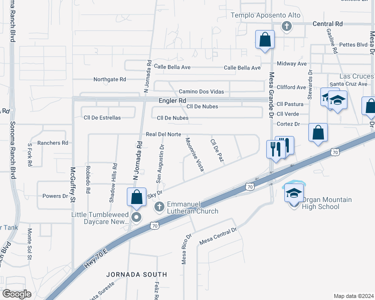 map of restaurants, bars, coffee shops, grocery stores, and more near 6175 Moonrise Arc in Las Cruces